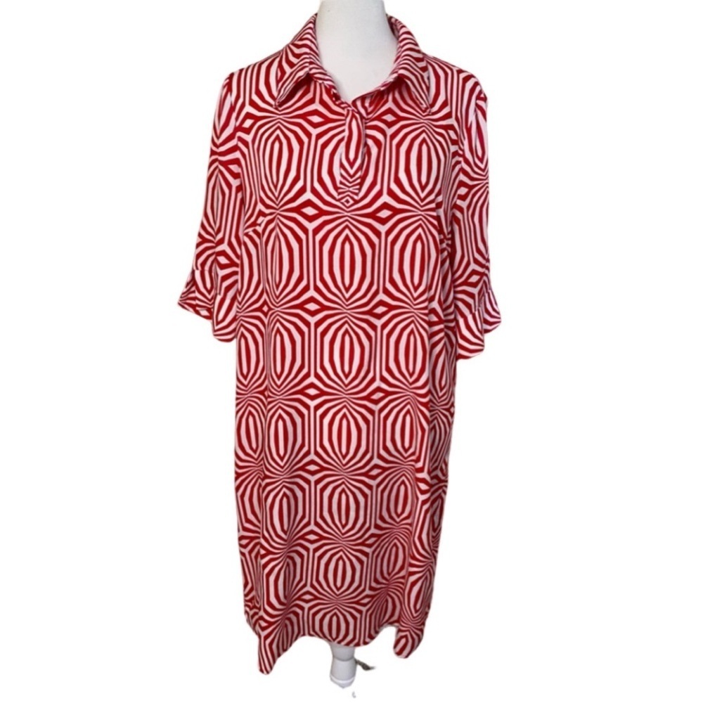 Laundry by Shelli Segal Shirt Collar Red & White Geometric Pattern Dress. Size 6